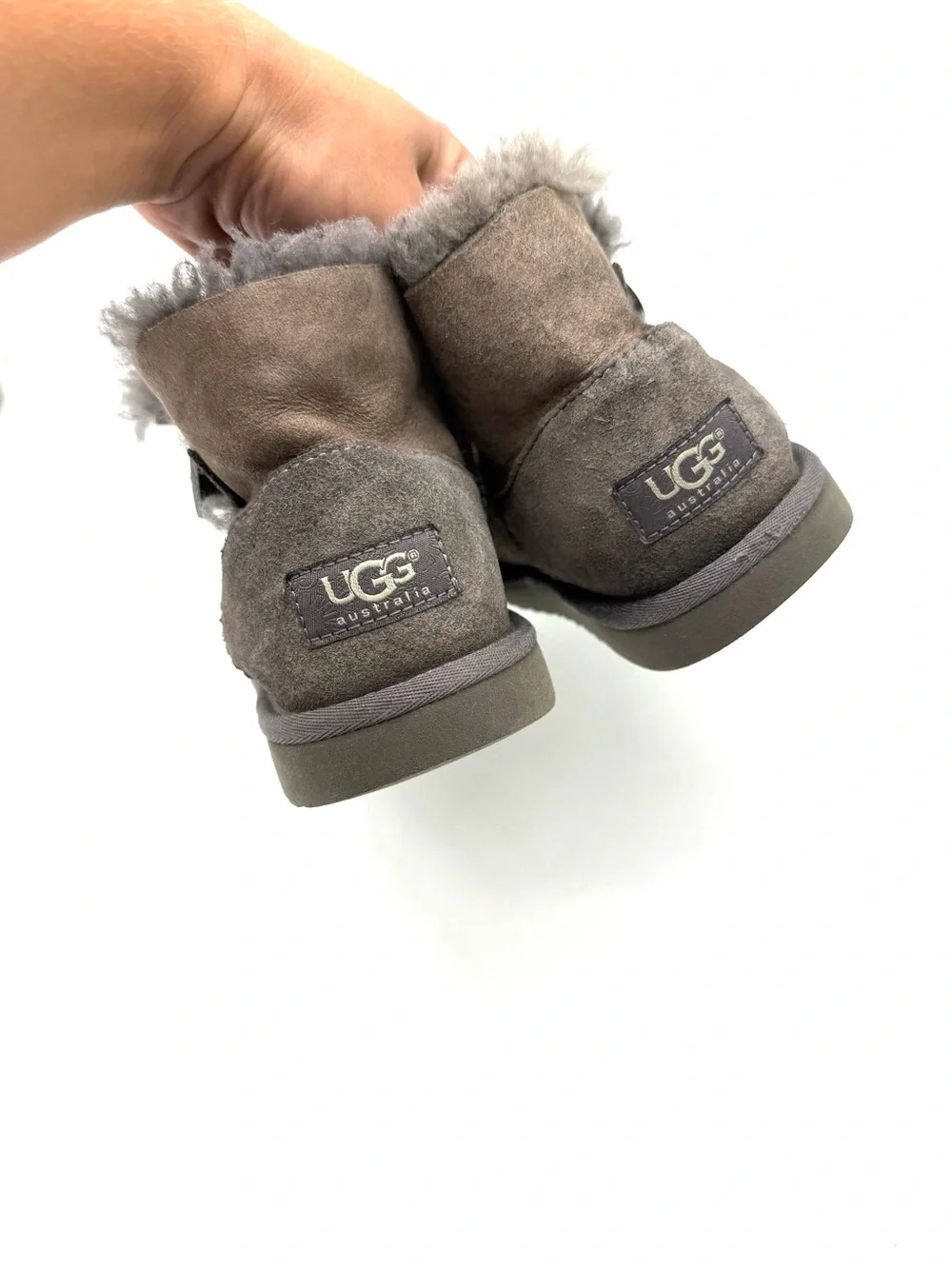 UGG Mini Bailey Button Boots Brown Gray Taupe Kids Size 4